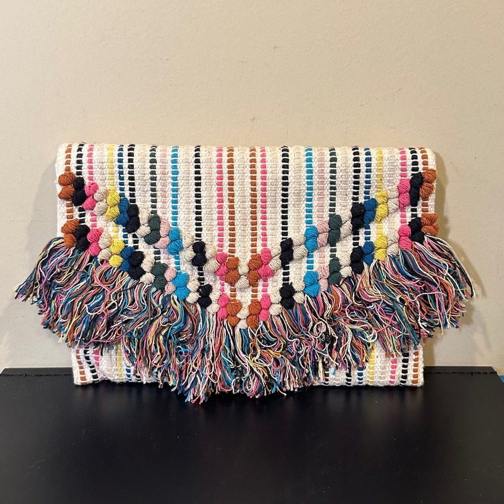 Sondra Roberts Squared Woven Striped Fringe Pom Pom Envelope Clutch Bag Multi